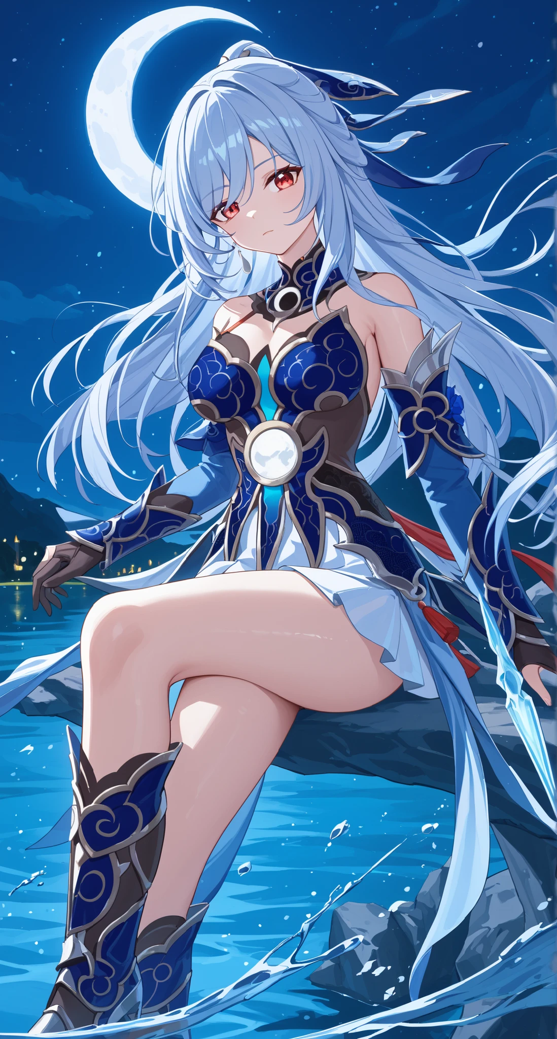 nsfw,Jingliu,glass cover,side shot,alternate color,masterpiece,detailed illustration,lifelike,{{{1Jingliu}}},shiny beautiful woman,cinematic lighting,dynamic angle,dynamic pose,depth of field,looking at viewer,1girl,jgsd,red eyes,blue armored dress,white skirt,tassels,hair ribbon,black gloves,blue sleeves,armored boots,light blue skirt,lake,night,midnight sky,crescent moon,expressionless,crossed legs,from below,thigh focus
