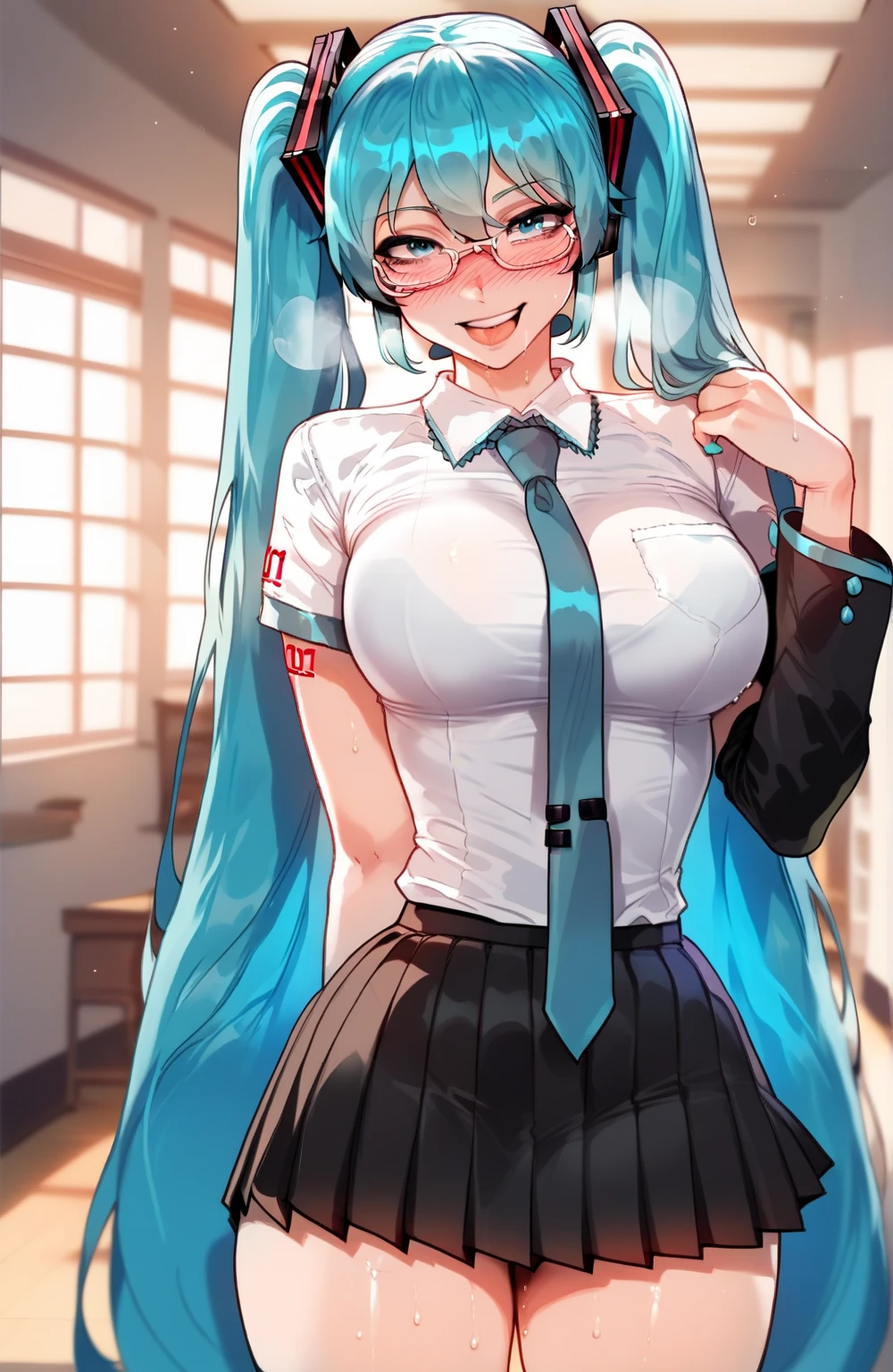 ((1girl, solo)), beautiful body, (perfect anatomy, perfect body, perfect hands, perfect legs), natural proportions, sexy body, large breasts, ((full body, full body front)) BREAK
((extremely detailed face)), (beautiful detailed eyes:1.6), (realistic pupils, realistic iris:1), expressive eyes, looking at viewer, (clear eyes:1.3), (hyperrealistic:1.2), (detailed skin texture:1.2), smooth skin, (black hair:1.3), ((blue eyes)), multicolored hair, two-tone hair, streaked hair, gradient hair, long hair, very long hair, high ponytail, bangs, parted bangs, sidelocks, tassel earrings, hair ornament, hair stick, glasses, semi-rimless eyewear, red-framed eyewear, ((mature female)), ((little smile)), (detailed lips:1.2), (attractive lips:1.1), (glossy lips:1.1), (parted lips), perfect face, perfect eyes BREAK
(masterpiece:1.5), anime-style, top quality, best quality, (beautiful and aesthetic:1.2), (ultra detail:1.5), Ultra-detailed depiction, Ultra-precise depiction, extremely detailed 8k illustration, high resolution, (highly detailed shading:1.2), (realistic lighting:1.4), perfect lighting, vibrant colors, dynamic tones, striking hues, 8k, absurd resolution, perfect shadows, hdr, UHD, ambient lighting, realistic, ultra-realistic, photo realistic, highly detailed, rich detail, luminous colors, fine texture, intricate design, professional illustration, (soft light:1.2), (illustration:0.7)