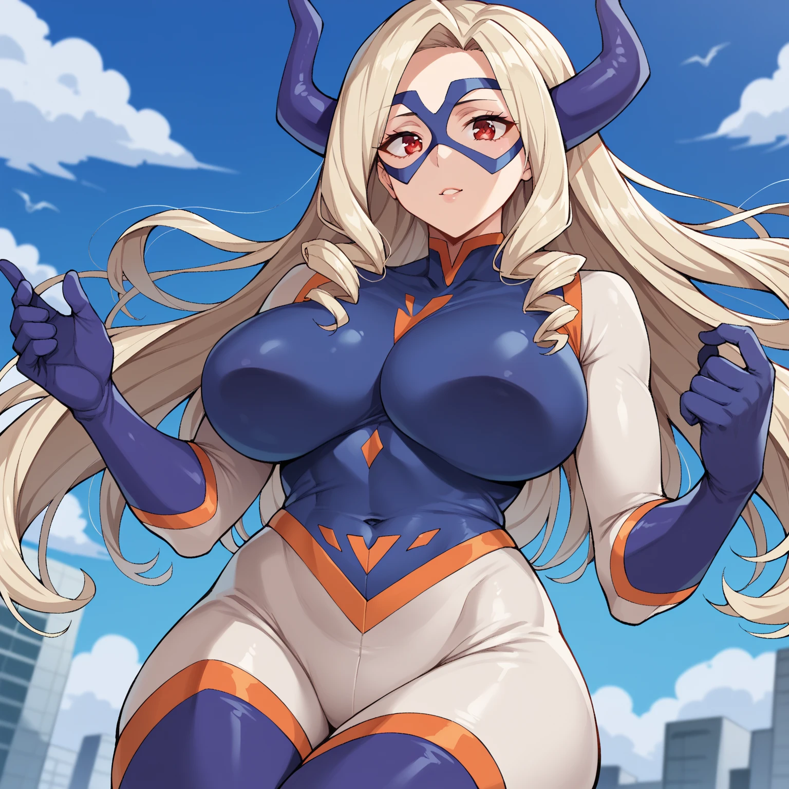 anime artwork, score_9, score_8_up, score_7_up, score_6_up, score_5_up, score_4_up, Mount Lady, blonde hair, purple eyes, big breasts, she is 24 years old, style_3, ,nude, naked, armpits, hands up, black background, solo, disembodied dark-skinned hands grabbing her breasts, _smile,deep grab,