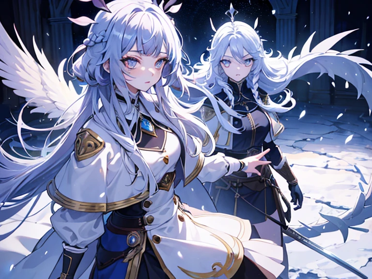 A young man with silver hair, violet eyes, pointed ears, golden skin, mithril armor, white cloak and double-edged sword, and three different female warriors in a battlefield, anime style, with the man changed according to the user's description