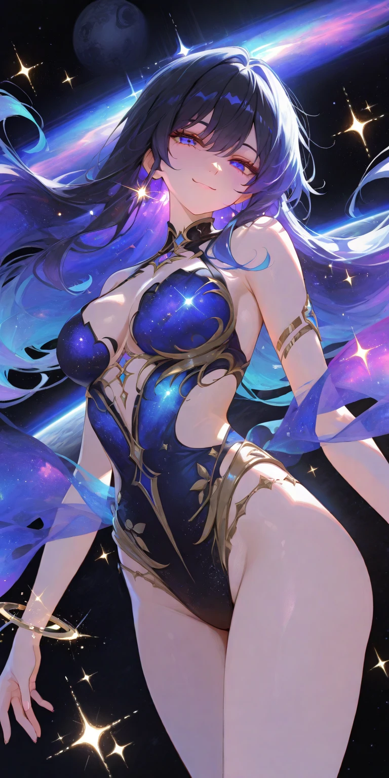 Adult Girl with large thighs small waist and , detailed long black iridescent hair, detailed iridescent eyes, 8k
