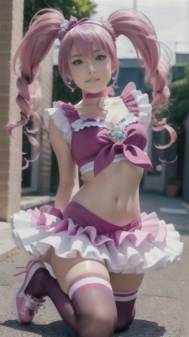 red short hair, (((braids))), fringe, bangs, smiling, hands joined, ((((upskirt))), ((white dress)), looking back, (((pink panties)),sfw