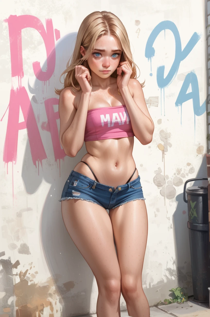 arafed blonde woman holding a skateboard and posing for a picture, sexy girl, blonde goddess, blonde, on a parking lot, underboob