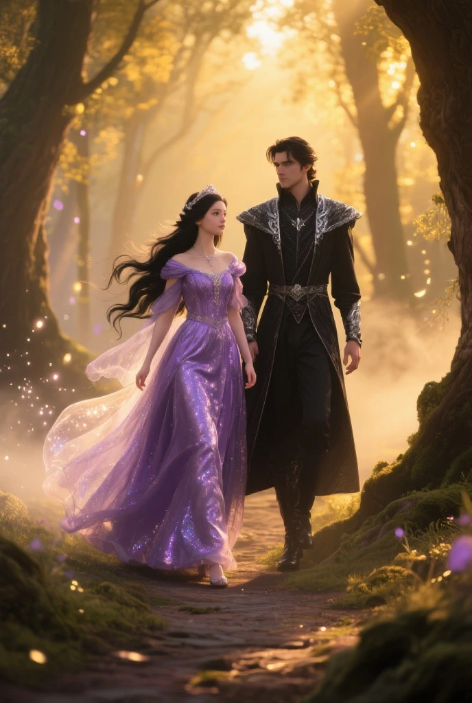 beautiful woman with long pink hair and hazel eyes and handsome man with neck length messy black hair, walking while holding hands, couple, both clad in targaryen clothing. Castle patio background.
