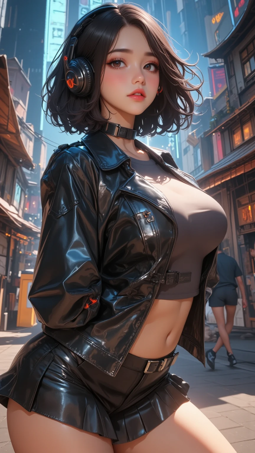 Futuristic, neon, Sexy, cool, young woman, bob hair, killer looks, sexy sports bra top, cleavage, perfect breasts, professional makeup, cool expression, charismatic, stunning, sensual, sexual