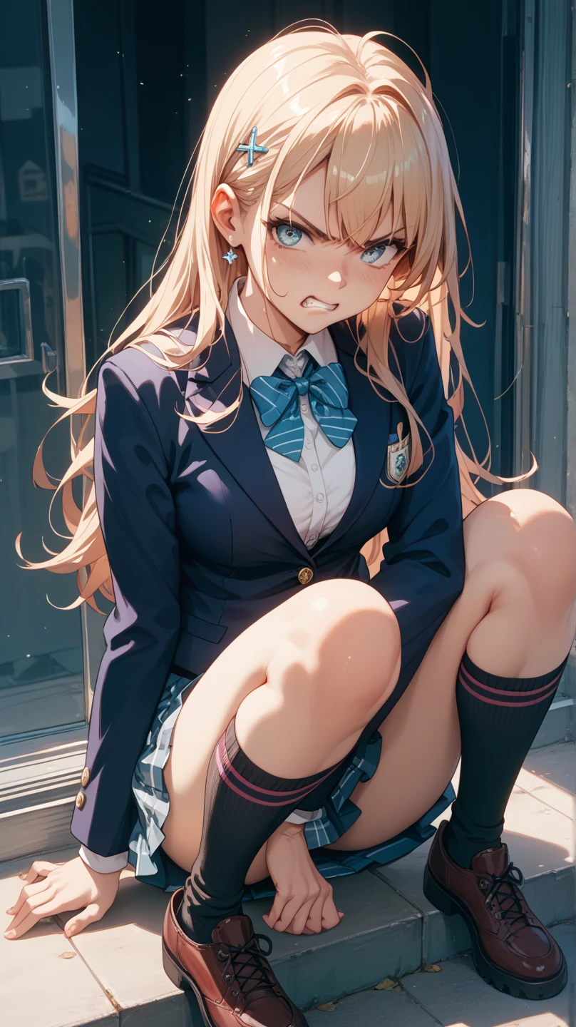 (Masterpiece, top quality, high resolution, realistic photo, realistic looking skin:1.1),
(A high school girl is squatting in a high school yard:1.8),
(She is a delinquent and is glaring at us angrily:1.8),
(She is wearing her high , a navy blue blazer: 1.5),
(She has her blazer unbuttoned and her shirt open to the first button: 1.8),
(She is wearing a gray miniskirt from her high school uniform: 1.5),
(She is wearing black loafers: 1.5),
(She is wearing loose socks: 1.8),
(She is wearing socks of the same color and the same length on both feet: 1.8),
(The panties are black lace material with a pattern: 1.5),
(She has long blonde hair: 1.5),
(Location: high school yard in fresh green:1.5),
1 Japanese girl, solo, full bodied esbian, beautiful eyes, glowing eyes, glowing thighs, NSFW
