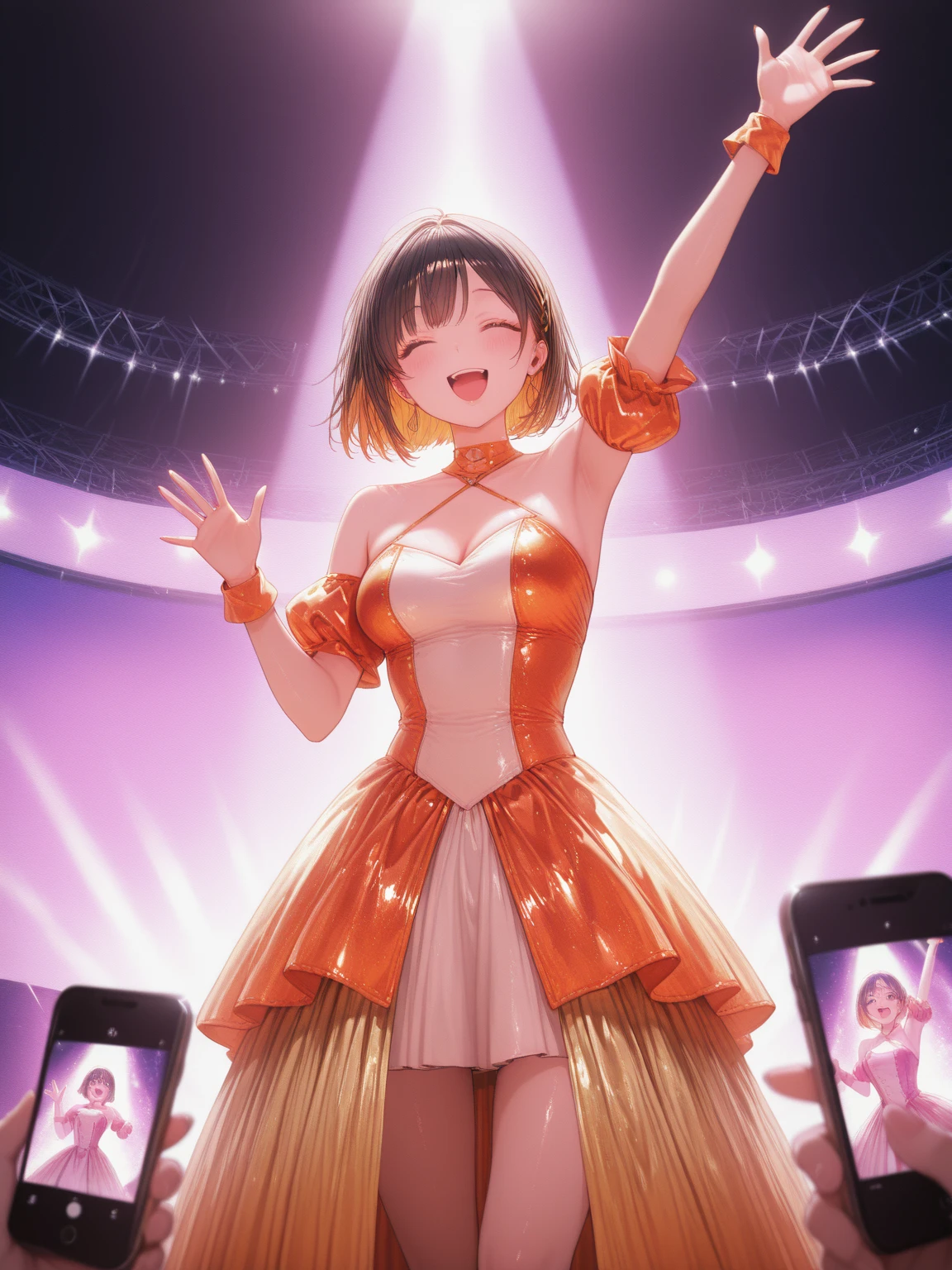 ((masterpiece、Highest quality、Official Art、Unity 8kwallpaper))、snap shot、Idol Concert、Concert Stage、(3 to 5 cute naked girls、12 years old、smile、Let's have fun singing and dancing、Ultra mini skirt:1.2、Idol Costumes:1.2 )、Exposing the breasts、Hair of different colors.々Hairstyle、(((Full nudity、Pussy、cute)))、(Sweat a lot、Glowing Skin)、Anime key visual, ((The characters are unique、Mr..々Hairstyle))