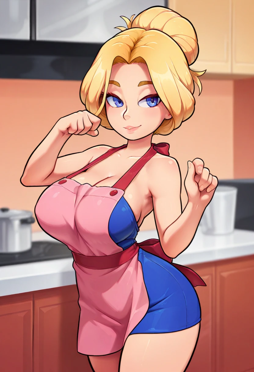 ((ultra quality)), ((masterpiece)), ((frizzy ginger hair, light strawberry blonde hair, pale skin)),(1950s diner girl, short blue dress, high white stockings, blue ensemble, lipstick, yellow maid outfit, short dress, cleavage, busty), diner pose, dramatic posing, in a diner, seductive pose, looking at viewer with a snarky grin, 1950, revealing, waitress, holding waitress tray, diner food on tray, apron, expressive, high heels, seductive pose, (dynamic_angle:1), (dynamic_pose:1.2), (masterpiece:1.2), (best quality, highest quality), (ultra detailed), (8k, 4k, intricate),(full body:1) (Masterpiece, Best Quality), 8k Wallpaper, highly detailed, poster, vintage spy film, 1960s, sexy female rental killer, simple color background, single color background, seductive look, mid century modern, movie poster, vintage, vintage look, wide hips, large breasts, skin tight, striking eyes, comic, comic style, full body showing, entire body showing, pin up, pin up model, pin up style,