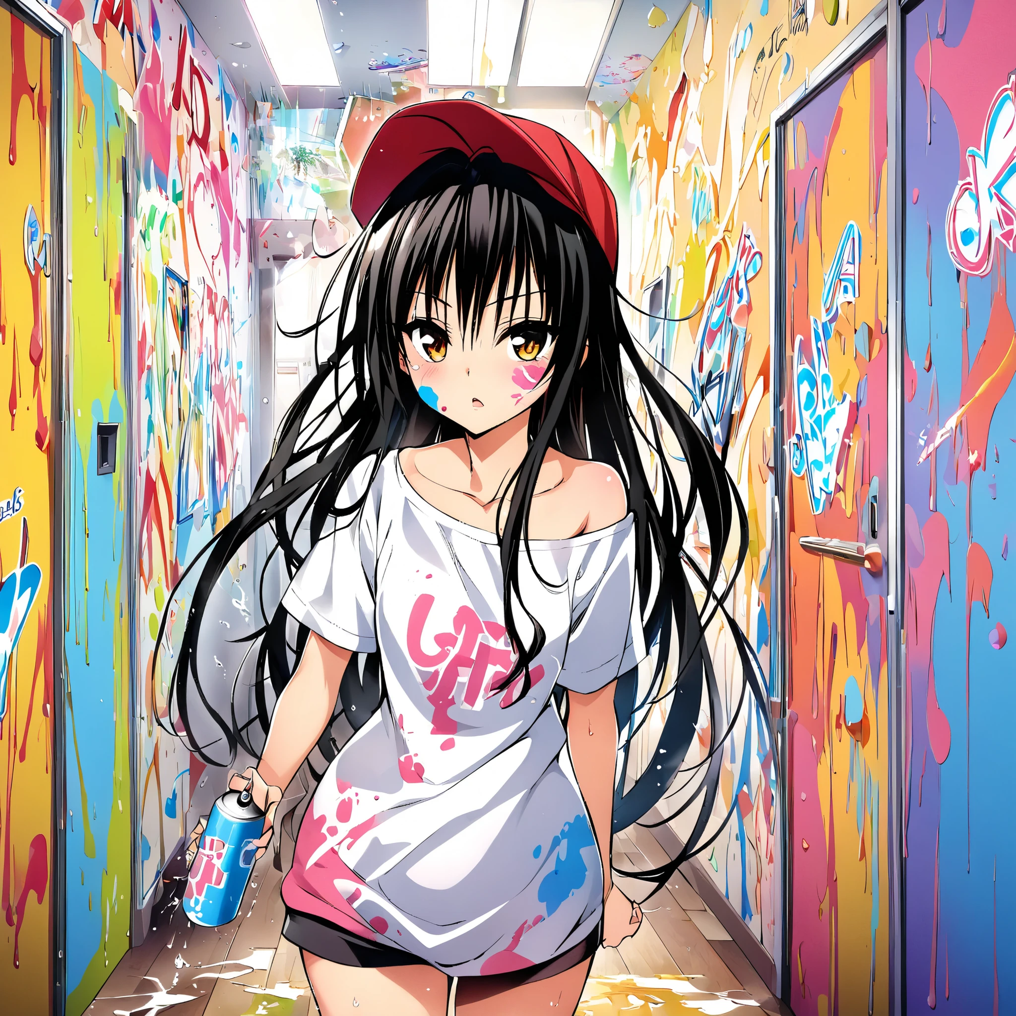 Make Banksy Style Graffiti Art in the School Hallway, It features a girl of rebellious age, Yui Ootegawa ,To Loveる,long black hair, brown eyes in the bedroom, Highly athletic physique, wear a cap and off-the-shoulder shirt , blends naturally into the vibrant spray-painted environment around her, expressive letters and abstract designs, Splashes of paint on her face and clothes , surrounded by scattered spray cans 、 contrast with structured indoor settings .