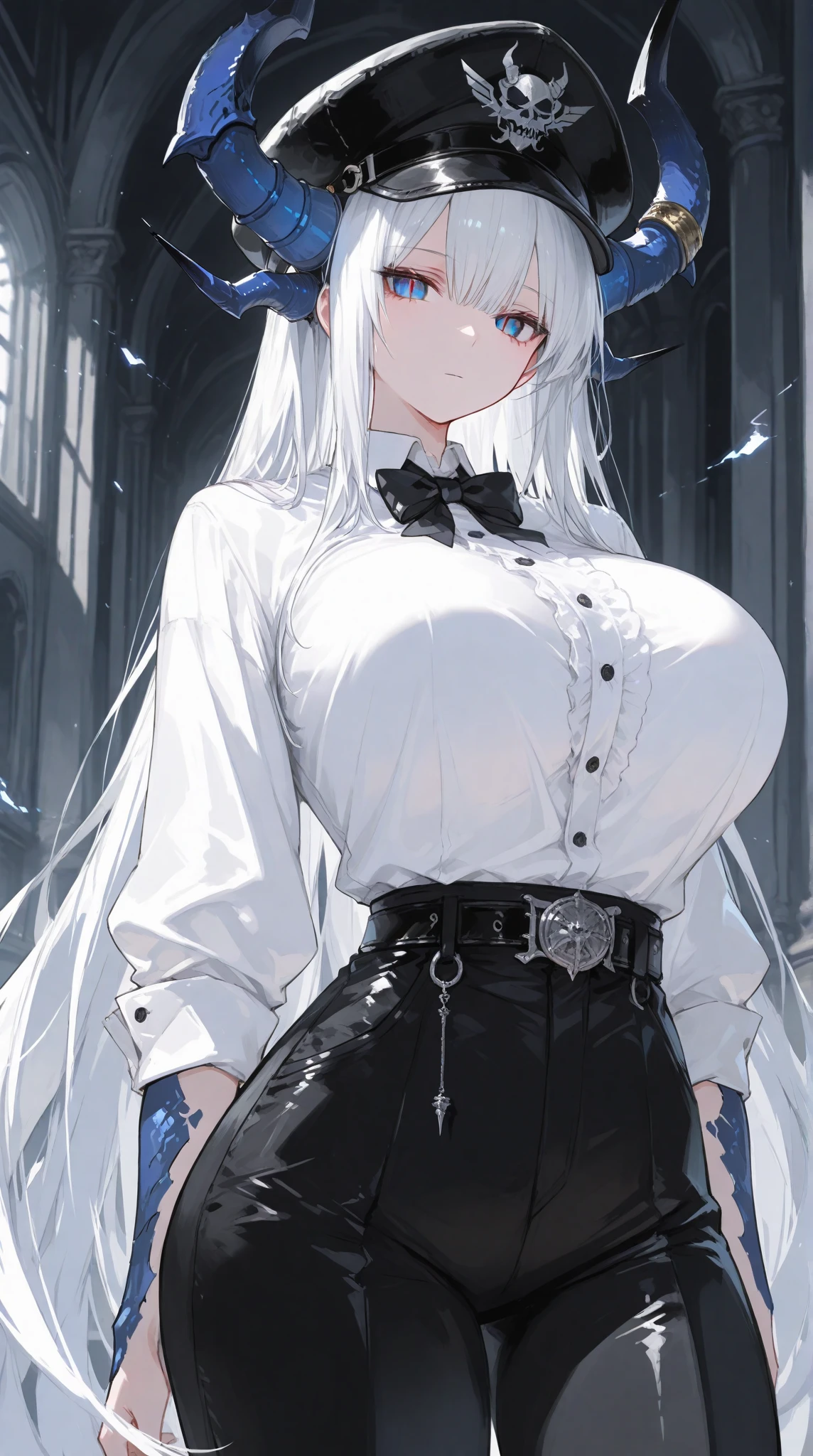 Solo, Dragon girl, mechanical big horns, emotionless, white hair, blue dragon eyes, very long hair, big breast, beautiful female body, white shirt, black trousers with belt, black bow tie, dictator, big black stylish cap