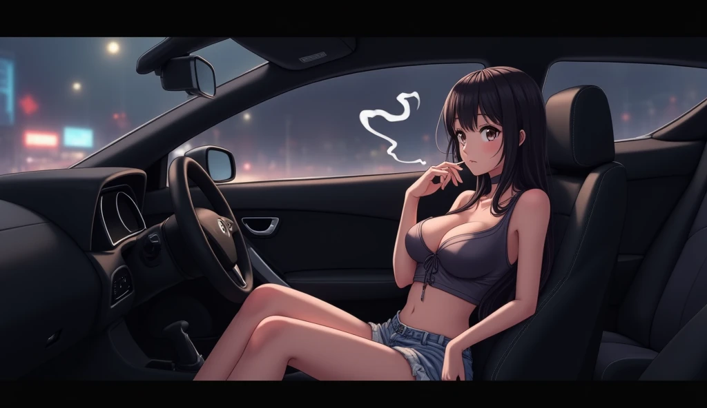 ((best quality)), ((masterpiece)), (detailed), perfect face, ((green skin)), pointy ears, tiny breasts, wearing black rimmed glasses, short dark hair, topless, wearing black panties and black pantyhose, detailed feet, asleep in the backseat of a car, lying down, fetal position, passed out, drunk, nighttime outside, eyes closed, sleeping, pov from driver's seat, visible nipples, full body,