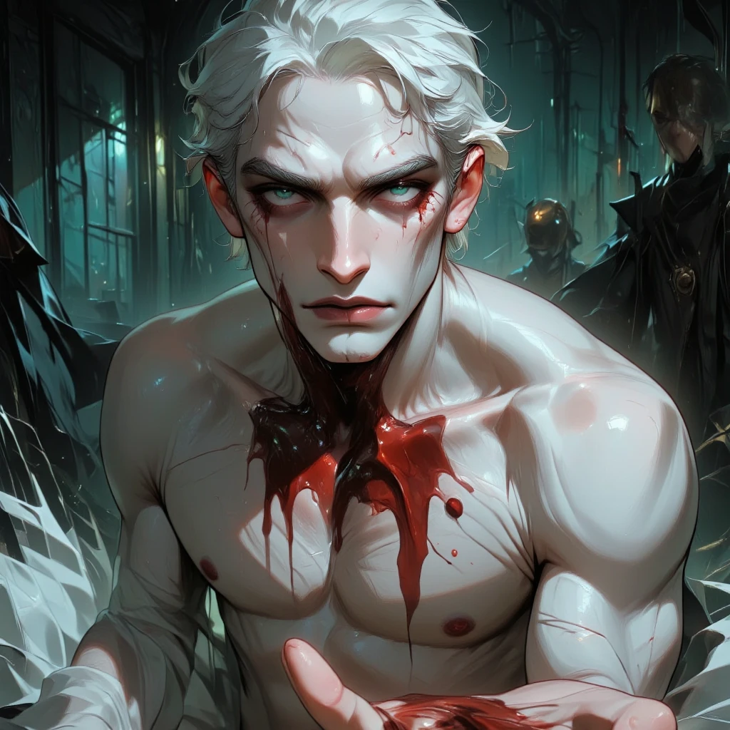 masterpiece, noise reduction, void noise, one male elf, Best quality, permission 8k, male focus, sharp image, stunning composition, Volumetric lighting, super quality, Very detailed, fantasy, Adult male zombie elf with very long white curly disheveled hair, pale, dead man with pale grayish skin, thin, skinny, with white stubble, expressive yellow eyes with a vertical pupil, cadaveric spots, pale scars on the body and face, smiling, shirtless, wearing fingerless gloves, torn pants, without shoes, in blood, sharp claws, fantasy средневековье, Gloomy Dungeon