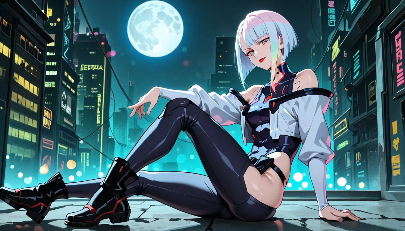 Masterpiece, best quality, 16k resolution, NVIDIA RTX Ray Tracing technology, Create a 4K resolution, ultra-realistic, and extremely detailed artwork, award winning, retina, soft light, sharp focus.(hyper-realistic:1.4), (full body:1.5), (Night, night time:1.4), from above
cyberpunklucy, lucy, short hair, bangs, blue eyes, blue hair, multicolored hair, makeup, (multicolored eyes:1.3), smile, model pose, modeling, squating
BREAK bare hips, bodysuit, leotard, monowire, off shoulder, off-shoulder open clothes, MIDRIFF
BREAK outdoors, city, moon, night, sky, clouds,
sexy, Sexy, smooth perfect skin, smooth_skin
Beautiful、(red blush)、Sexy
FULL BODY SHOT, ultra wide angle, textured skin, face detail, clean skin, perfect hands, perfect anatomy, anatomically correct,
(Realistic park:1.3)