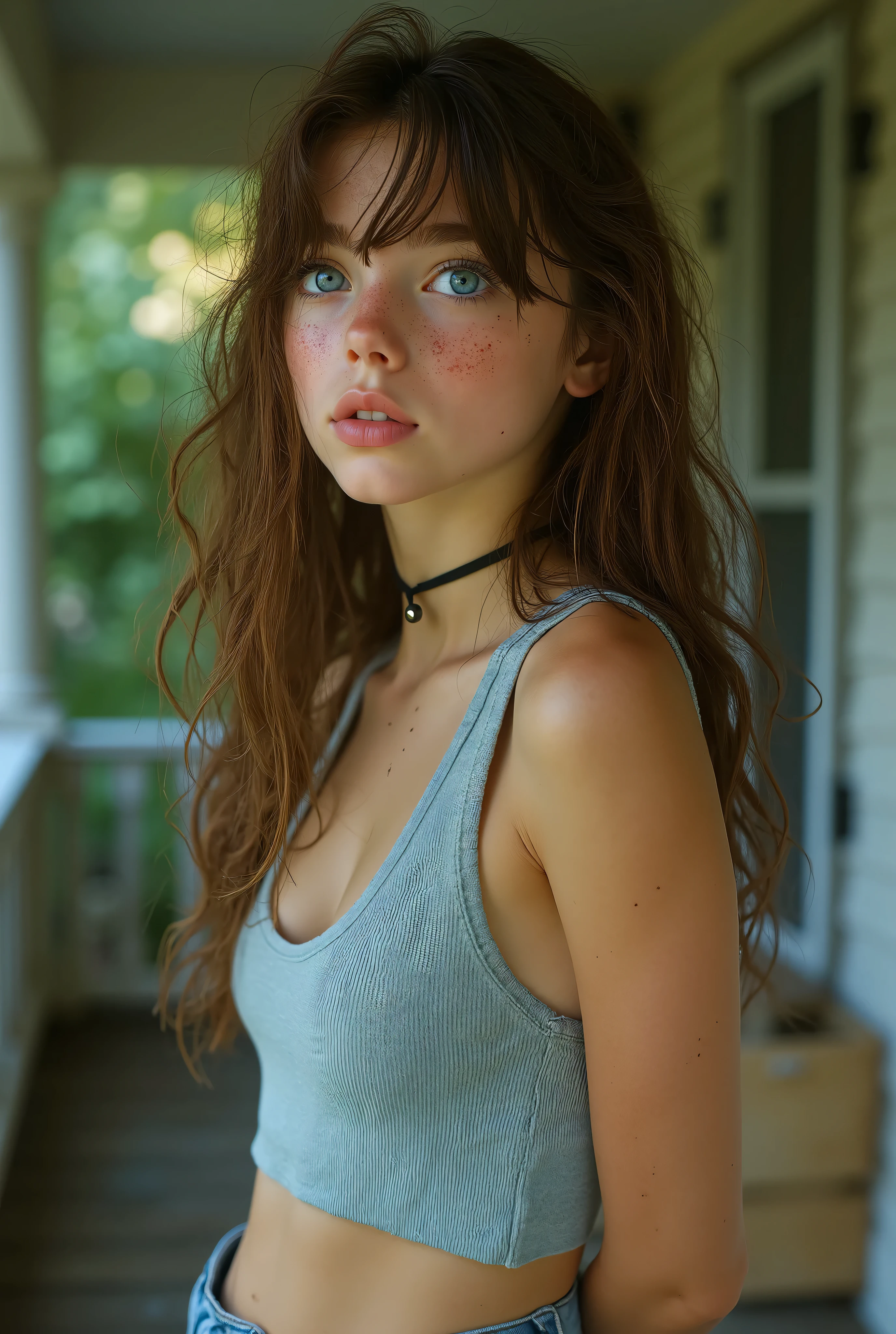 cinematic picture of one girl, full body shot , likeい, adorable by design, cute, innocent, thin, thin脚, short, thin 小さい, (cute face), long hair, A-line haircut, brown hair, freckles, 皮膚のscratch, hematoma, scratch, Broken Skin, bright blue eyes standing on the porch, ((constricted)), cute, feminine, ( CHOKER COLOR ), sweet, (tight cute crop tanktop), (((wearing tight jeans))), ((kneels, arms behind his back)), natural skin, shy ass, in the bedroom, long intricate brown hair, Shadow, short stature, Slim、thin、 too thin , petite body, round face, like々Funny face , dramatic lighting, , perfect eye side by side, Reddit , amateur , real pictures