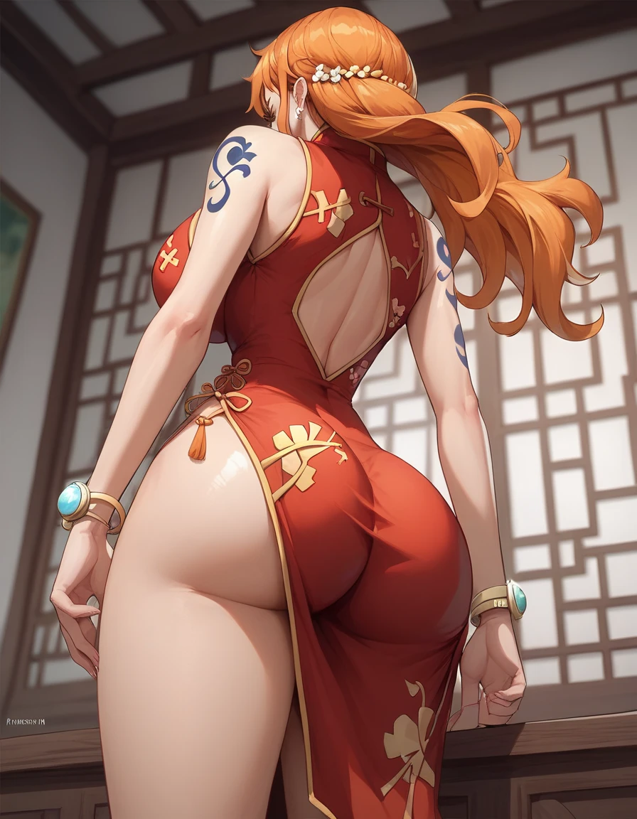 ((best quality,4k,highres,masterpiece:1.2)),((character concept art)), 1 female, age 25, Chinese Hong Kong, Hong Kong Elite, eldest sister, triad female leader, Known for her impeccable fashion sense and elegant demeanor, she is a true embodiment of the Versace brand. Her body language is as captivating as her style, always exuding confidence and high fashion. (((She's wearing an exquisite Versace Barocco-print Shirt in Silk and Barocco-print leggings gold-tone/white/black, a true testament to the brand's luxurious aesthetic.))) Paired with Versace Medusa Tribute Sandals, she carries her ensemble with an air of effortless sophistication. Her accessories include a Versace Medusa Tribute Bag and a pair of Versace Tribute Sunglasses, enhancing her overall look. ((intricate detail)), super finely detailed hands, ultra finely detailed fingers(((ten fingers))), (standing still with confidently), (full body showcase), (show full body), (no logos on background), (no logo), ((plain background)), ((plain background)), (((empty background))). Huge perky breasts, deep cleavage 1.8, thick thighs, hands in hair, cameltoe 1.8, curvy, ((standing spreading legs wide open)) ((red golden outfit , looking back, backside, POV from back, bend over, bending))