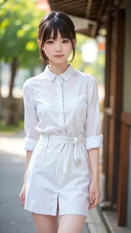 One girl, wearing white short sleeve blouse, wide pants, wide pants, short hair, 20-year-old Japanese, beautiful, cute face, pretty face, neat, serious face, 8-head body, height 165cm, weight 48kg, bust 83cm, waist 60cm, hips 82cm, Small breathts, Living in Hiroshima City, A college student aspiring to become a model, (((full body))), full face, Hondori Shopping Street in Hiroshima City
