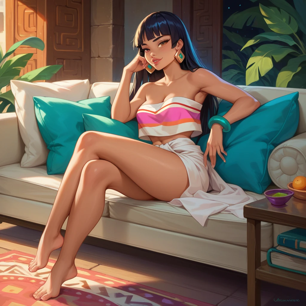 (Obra maestra:1.2, La mejor calidad:1.2, Beautiful, alta calidad, Altas Resoluciones:1.1, aesthetic), Detallado, extremadamente detallado, soft ambient lighting, 4k, ojos perfectos, Cara perfecta, perfect ilumination, Girs and children, Alternate breast size, Cabello largo y negro, senos, resplandeciente, ojos brillantes, pelo entre los ojos, senos medianos, labios, Cabello largo, Mirando al espectador, en la parte posterior, labios separados, regordete, Ojos de diamante azul, Blue eyes of the ocean, solamente, senos medianos, Brazos a los lados, (Tema azul) (( Elle Fanning )),, Mujer sentada en una silla amarilla con las piernas cruzadas, en su trono, sentada en su trono, Pinup, Ameera curtida al taweel, sentado en una silla elegante, sentado en la silla, piernas jugosas, Modelo Pinup, Envuelto en aceite dorado brillante, pose muy sexy, 30-year-old woman from cuba, look sexy, sexy girl