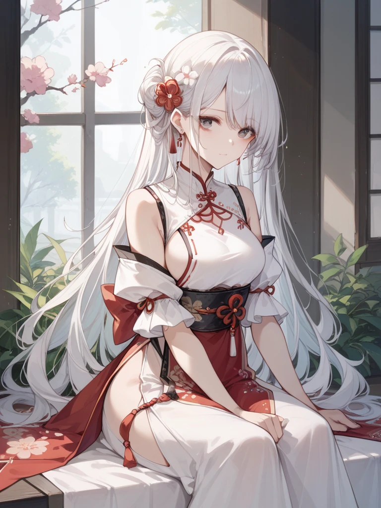young girl, silver-blonde hair, red eyes, beautiful and detailed eyes, white kimono, big breasts, long hair, (In the flower garden )Smiling mischievously, white stockings
