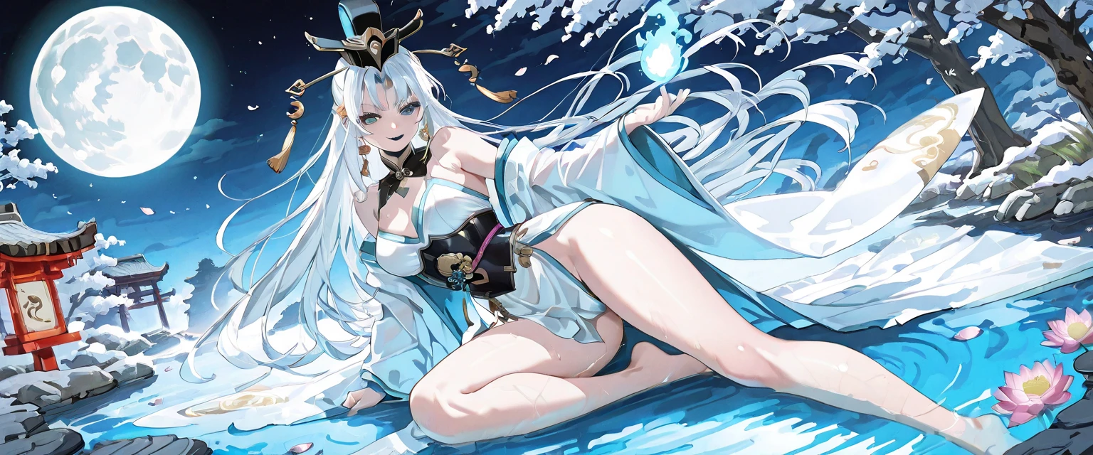 (((shylily))),((4k,masterpiece,best quality)), shuimobysim, traditional chinese ink painting, lotus,  hanfu, maxiskit, dress conservatively, 1 girl, solo, white hair, long hair, fox ears, white, bikini, fish, many fish near girl, look at viewer, tease