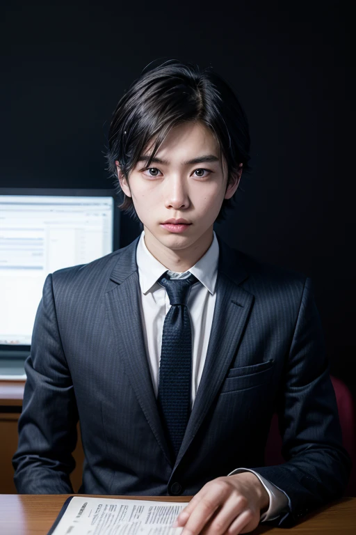 asian man, marked jaw, Kim Taehyung, fbi agent, using suit, while sitting in an armchair, looking at screen, striking look, CIA secret agent clothing, full hd, 4K, photo in the office, Black Suit