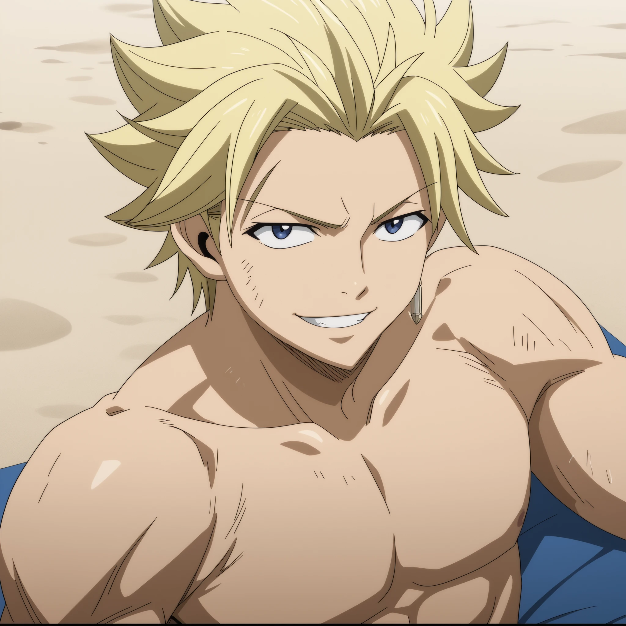 looking at viewer, score_9, score_8_up, score_7_up, source_anime, StingFT, Sting blonde hair, light yellow Sting, 1boy, male focus, anime screencap, official style, smile, happy, naked torso, sexy, detailed, muscle, relaxed sunbathing in the beach