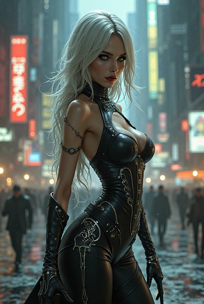 Sexy female goblin With messy white hair, her clothes are latex