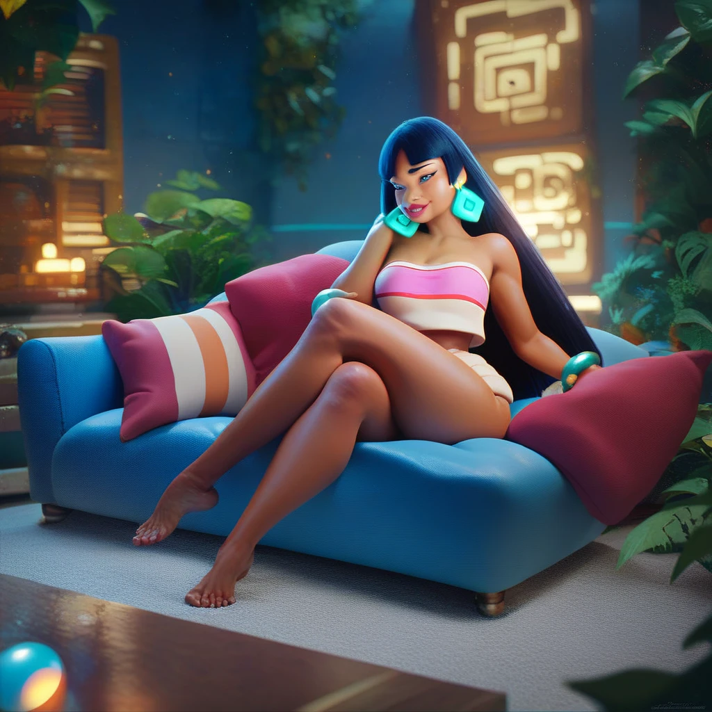 create a 3D movie poster inspired by Disney Pixar, The scene should be in Pixar's signature digital art style, com uma imagem caricatural que lembra a cantora brasileira "Anita" in the prone position, Wearing a bikini while a tattoo artist is sitting tattooing with a giant ring on one hand, inside a tattoo parlor.