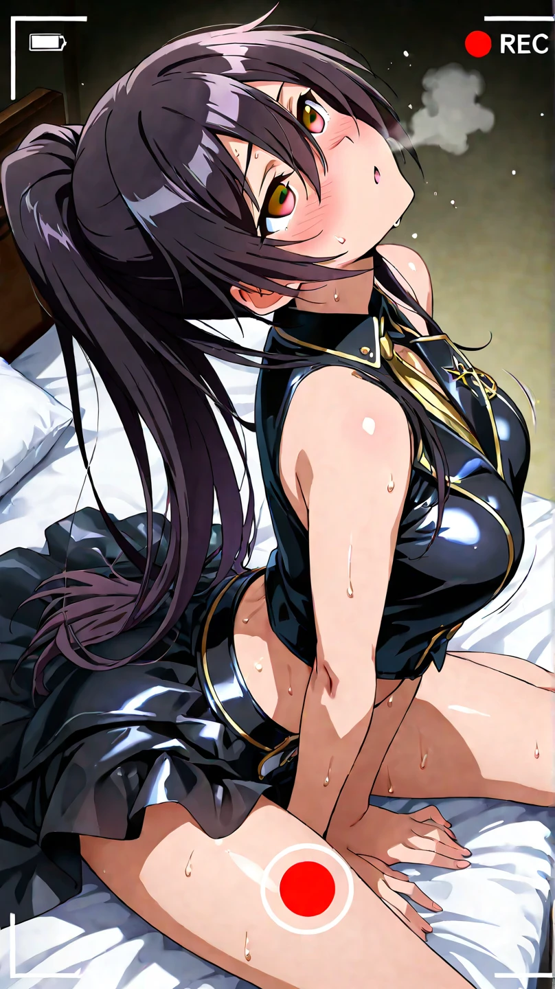 (8K, Highest quality, masterpiece:1.2),\(eye\),(\(Garment Details\)\),(Huge boobs) ,高画質CG Unity 8K ファイルサイズが大きい,Very detailed,High resolution,美しいeye,Ray Tracing,Dramatic Shadows,finely,Hyper Detail,(1 girl:1.3),(alone),Long Hair、wear(Cosplay_,Very cute black and purple lingerie with frills,Short skirt),blush,((eyeに見えるパンティー)),((Black panties)),Knee socks,Two-dimensional woman,((Squat)),((Face forward and spread your legs wide)),((Raise your arms up and place them behind your head)),Lift your butt,Simple Background,Sweat a lot,Female masturbation,Show the whole body,Love juice,Revealing outfits,Silky skin, Shiny skin,Excited expression