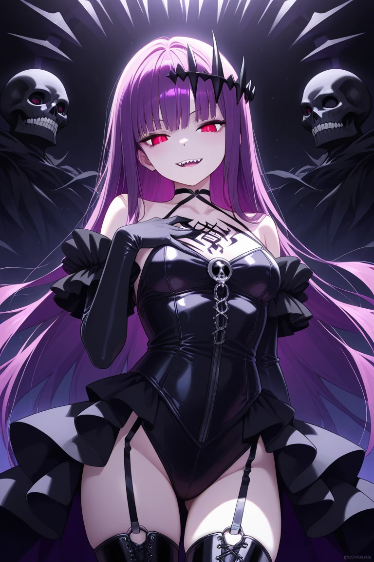Ghost, (monster girl), purple skin, spikes, spiky purple hair, a fanged grin, floating hands, dressed in a dark-purple dress, floating in midair, masterpiece, best quality,(Soft Color Tones:1.1)