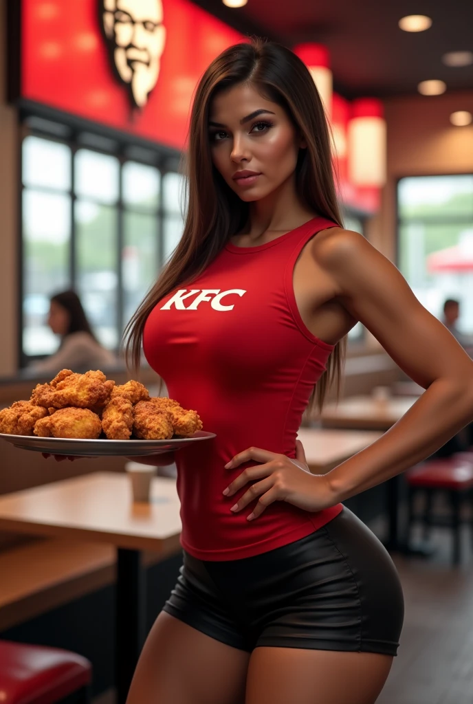 eyes, masterpiece, best quality, 85mm photo, shallow depth of field, tack sharp, solo, 1girl, 20yo English woman, (most beautiful woman on earth, detailed face and eyes:1.4), blonde hair in high ponytail, very tanned white skin, huge green eyes, (extremely close to camera:1.5), plump full lips, kind confident smile, huge breasts, cleavage, wide hips, huge perky ass, exaggerated hourglass physique, shredded muscular body, tall statuesque goddess, zero body fat, thick muscular thighs, muscle definition, striations, broad shoulders, deltoids, tiny waist, long lean torso, real hands, (very slender fast food restaurant cashier, taking orders, restaurant uniform:1.4), flexing biceps and legs