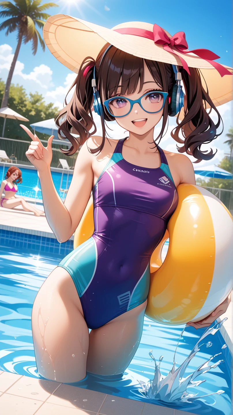 ((Teenager)),((flat chest)),big ass,((thicc thights)),((brown hair)),((brown eyes)),((braid hair)),((short hairstyle)),((glasses),((full swimsuit)),(( en un piscina));((sonriendo))