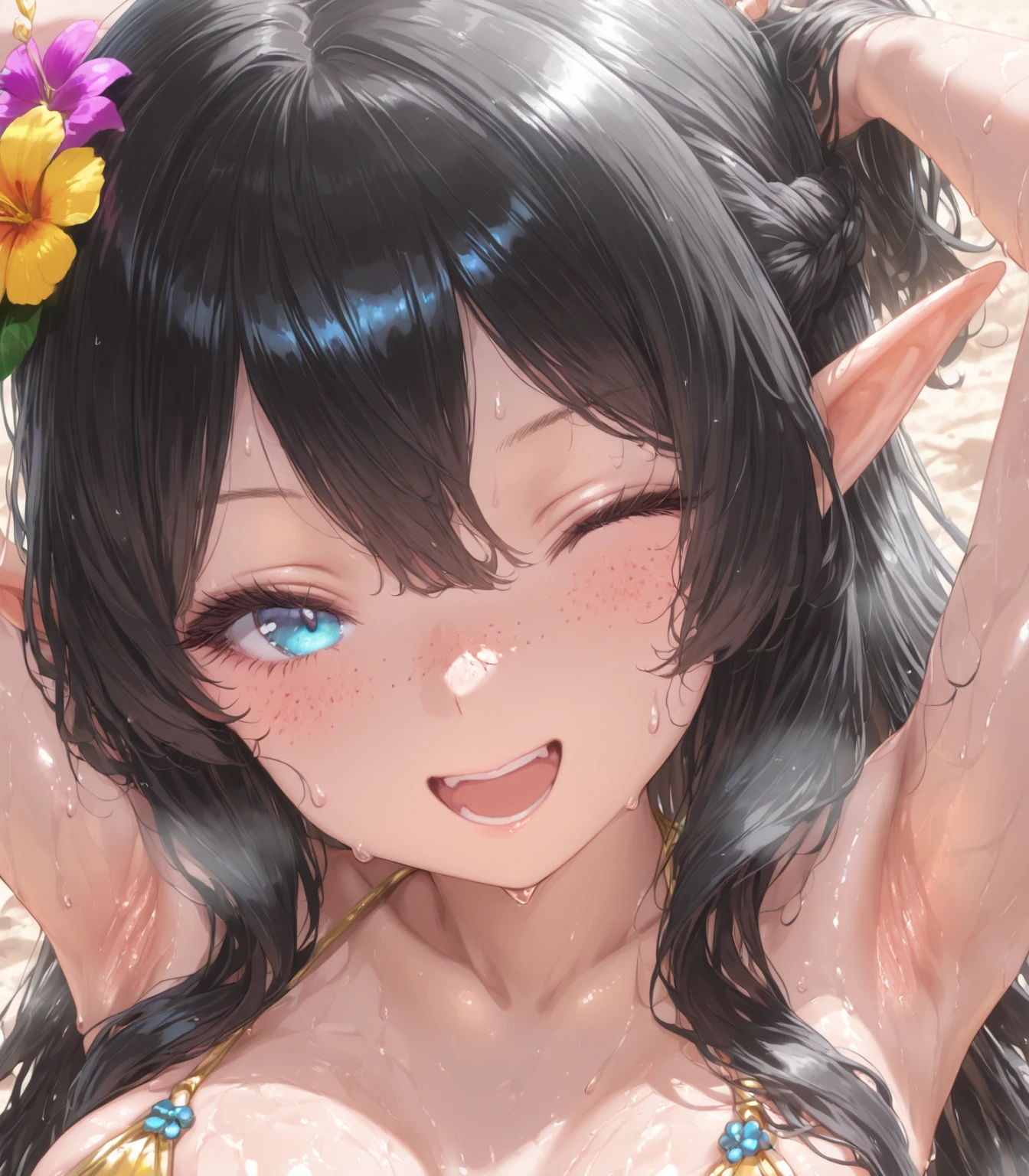 yuukikonno, Yuki Konno, long hair, hair band, pointed ears, purple hair, smile, blush,(red eyes:1.5), (large breasts:1.2), open your mouth, purple sleeveless hoodie, wearing a hood, bare arms, barefoot, Cute Sandals, Midsummer, Palm tree, daytime, Light of the sun, walking on the sandy beach, 壊す looking at viewer, Upper body, whole body, break outdoors, coastal street, destroy the beach (masterpiece:1.2), highest quality, High resolution, unity 8k wallpaper, (figure:0.8), (detailed and beautiful eyes:1.6), highly detailed face, perfect lighting, Very detailed CG, (perfect hands, perfect anatomy), 1girl, 18 year old female, anime style, ultra realistic, high detail, sexy pose, sexy, beautiful, exposed skin, slender, skinny, bare breast, exposed breast, breast, nipples, nude, nudity, absurdres, high res, ultrasharp, 8K, UHD, retina, masterpiece, accurate, anatomically correct, perfect anatomy, textured skin, super detail, high details, high quality, award winning, best quality, high res, looking at viewer, detailed eyes, four fingers and one thumb per hand, perfect hands, perfect finger, two arms only, no clothes, revealing