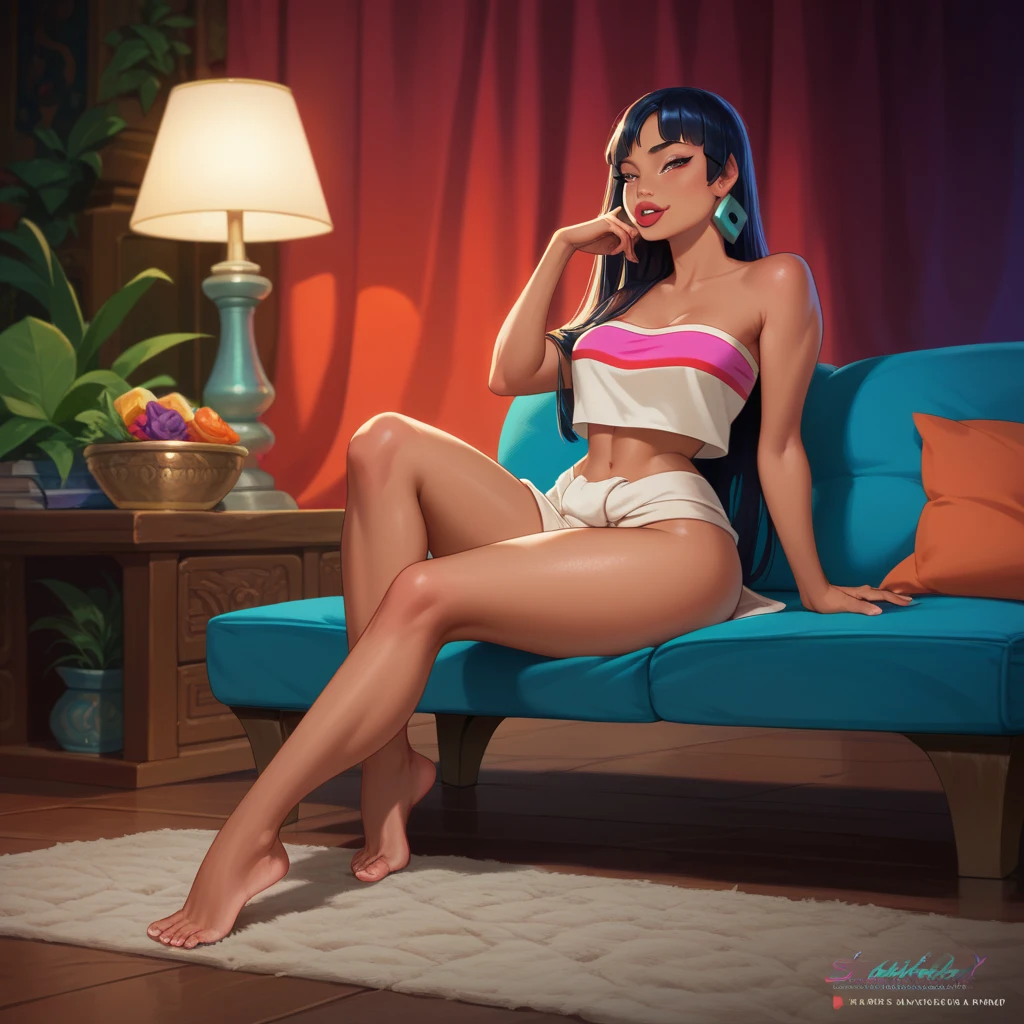 Megan Thee Stallion, lying on a chaise, sensual, lewd, lust art, large bay window, in the style of Artgerm and Ross Tran, Greg Rutkowski
