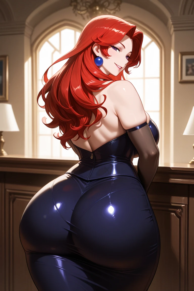 succubus clad in formfitting black latex uniform adorned with shiny gold accents, Her voluptuous hourglass figure((medium breasts:1.3))((thick ass:1.2)), heavy armored breastplate and matching thigh-high boots she wore, Long flowing crimson hair, ivory skin, emerald eyes, ((sexual, dominating pose:1.3)), low to eye level camera