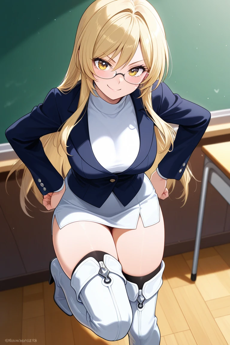 1girl, mount lady, boku no hero academia \\\\\ masterpiece, best quality, very aesthetic, absurdres, newest \\\\\\ sportive body, \\\\\\ by dodok, nyantcha, cutesexyrobutts, by khyle ///// blonde, purple eyes, (school uniform:1.2), skirt, , 24 years old, white background,tie,sit on desk, below view,