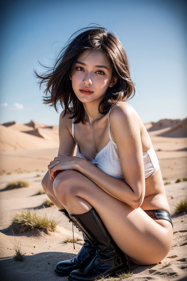 (brunette girl,long hair,in the desert,sexy), short hair