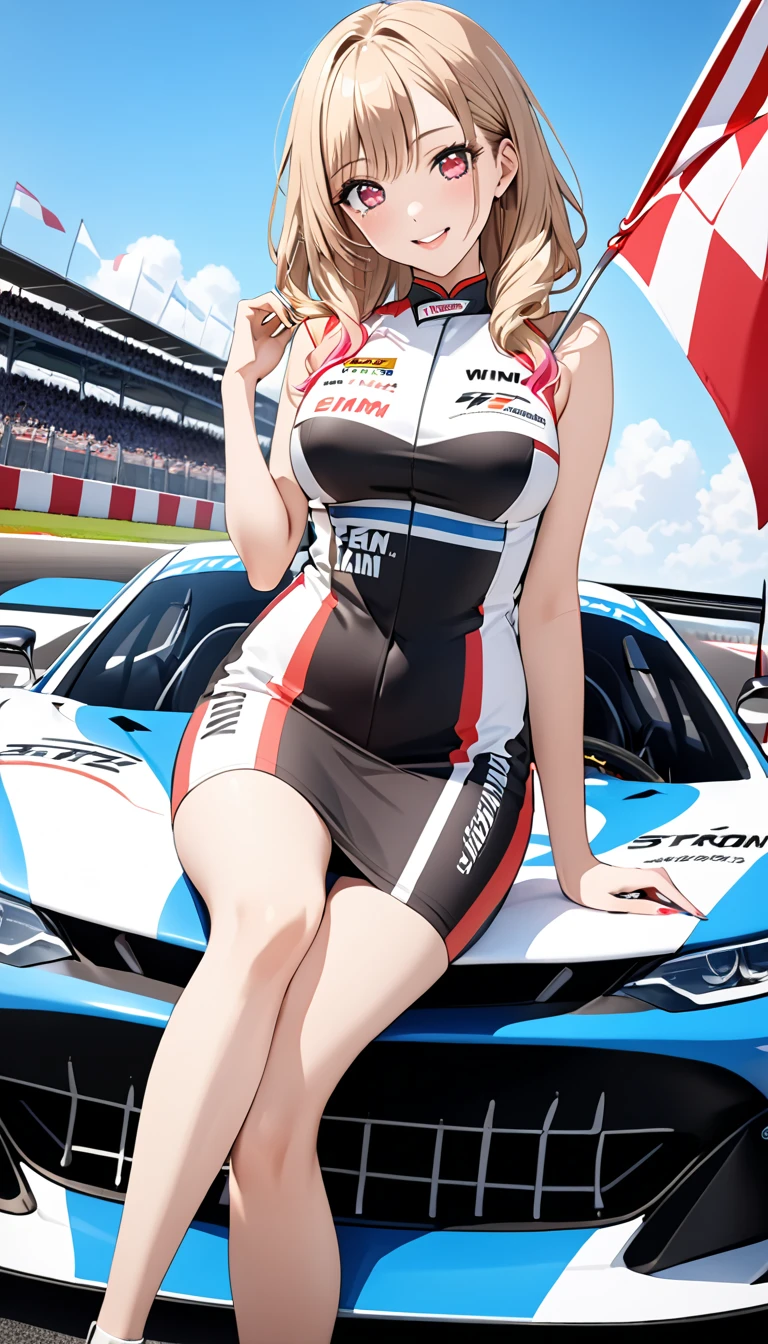 ((highest quality)), ((High resolution)), ((masterpiece)), (detailed),
View Viewer, Depth of written boundary, Anatomically correct, Mature Woman, Perfect Face, Cute and symmetrical face, Shiny skin,
(Long Hair, Platinum blonde hair), Chestnut brown eyes, (Big Breasts:0.9),
Beautiful Hair, Beautiful Face, Beautiful fine details, Beautiful body, Beautiful clavicle, Beautiful breasts, Beautiful thighs, Beautiful feet,
(Glossy enameled fabric, Sexy Uniform, High heels, Participate in a motorsport race), Racing Car, Circuit Location, (Cute smile, Lips parted),