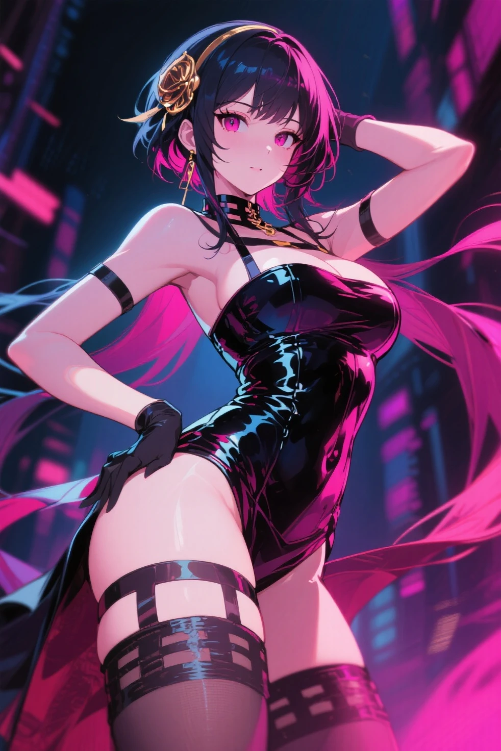 hair above one eye, red eyes, clear eyes, choker, open jacket, towards the wall,shining grafiti, shineing tattoos, shine, neon light, Black light,anime style, movie portrait photography, 1 female, 22 years ago, Full body Esbian,Blue eyes background, big and full breasts, Anger, (scarlet colored hair), long hair, purple eyes, wearing a short black dress, (natural skin texture vivid details, surreal, (realistic detailed eyes, natural skin texture, realistic facial details), soft and dramatic lighting, Depth of written boundary, bokeh, vivid details, surreal, 35mm movie, hazy blur, movie,lipstick, ear piercing, eye shadow, hoop earrings, Red-pink lips, Multicolored red eyes, purple theme,Wear an iridescent aura,beautiful eyes,stand in front of the red gate、bold pose、decide on a pose,upper ponytail,Hanging bangs,sit