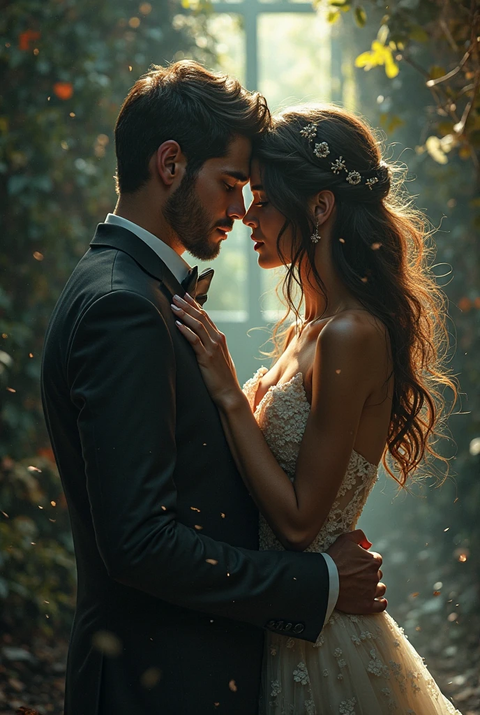 silhouettes, detailed beautiful woman in poor clothes, handsome and rich man, enemies of lovers, romantic and chaotic scenery, dramatic lighting, cinematic, oil painting, vibrant colors, chiaroscuro, detailed facial features, emotive expressions, elegant clothes, lush environment, moody atmosphere, (best quality, 4k, 8k, high resolution, masterpiece: 1.2), ultra-detailed, (realistic, photorealistic, photorealistic: 1.37)