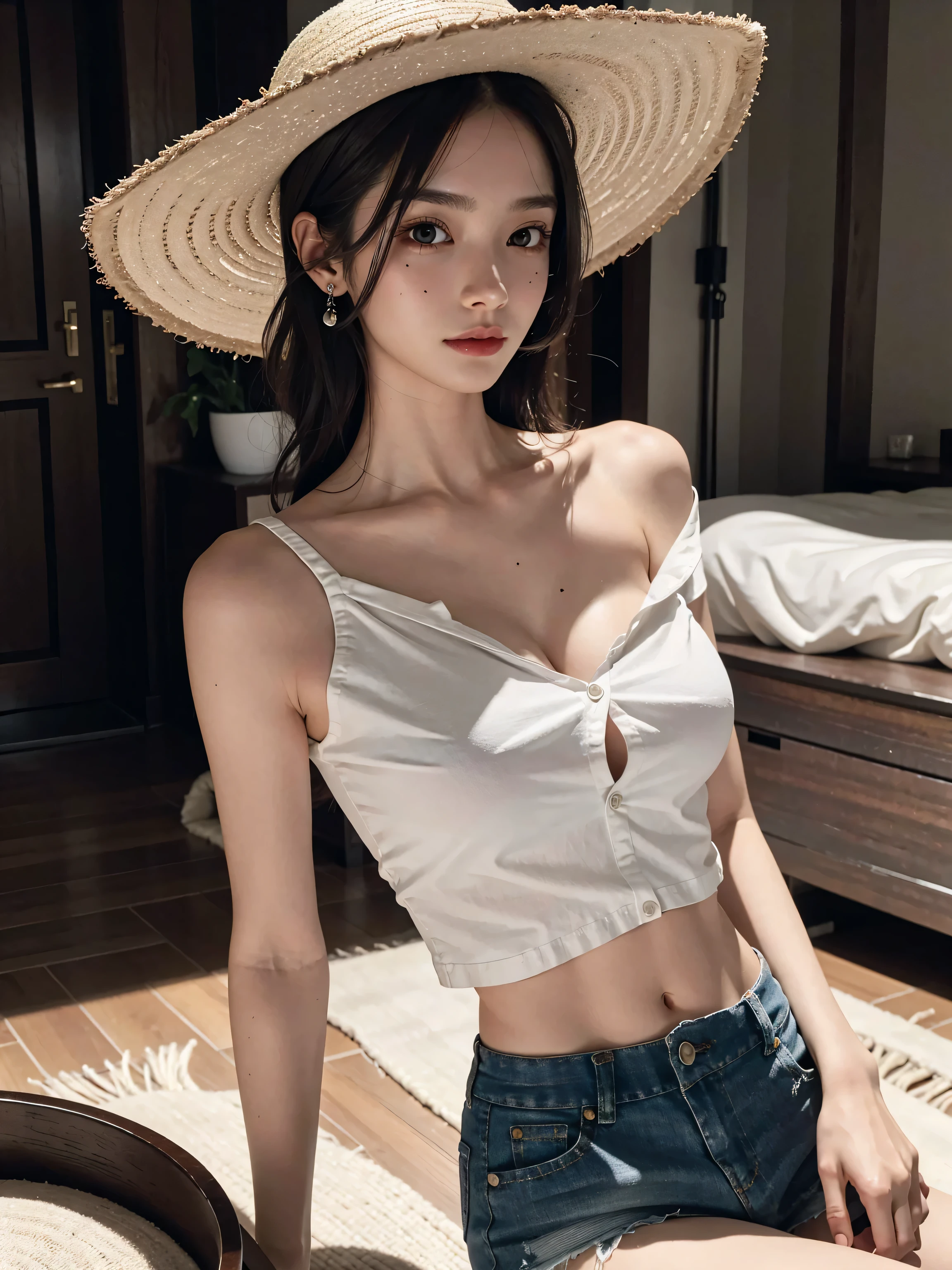 absurdres, RAW photo, extremely delicate and beautiful, masterpiece, Best Quality, ultra high resolution, 32k, hyperrealistic, ultra-detailed, perfect anatomy, super Detailed skin, Super Beauty, perfect figure, Perfect Style, Perfect balance, in her 20s, very small head, very small face, delicate facial features, tearful mole, earring, very huge breasts, bare legs, full body shot, medium hair, black hair, casual, blouse, white shirt, buttoned shirt, bare shoulders, collarbone, midriff, navel, shorts, straw hat,