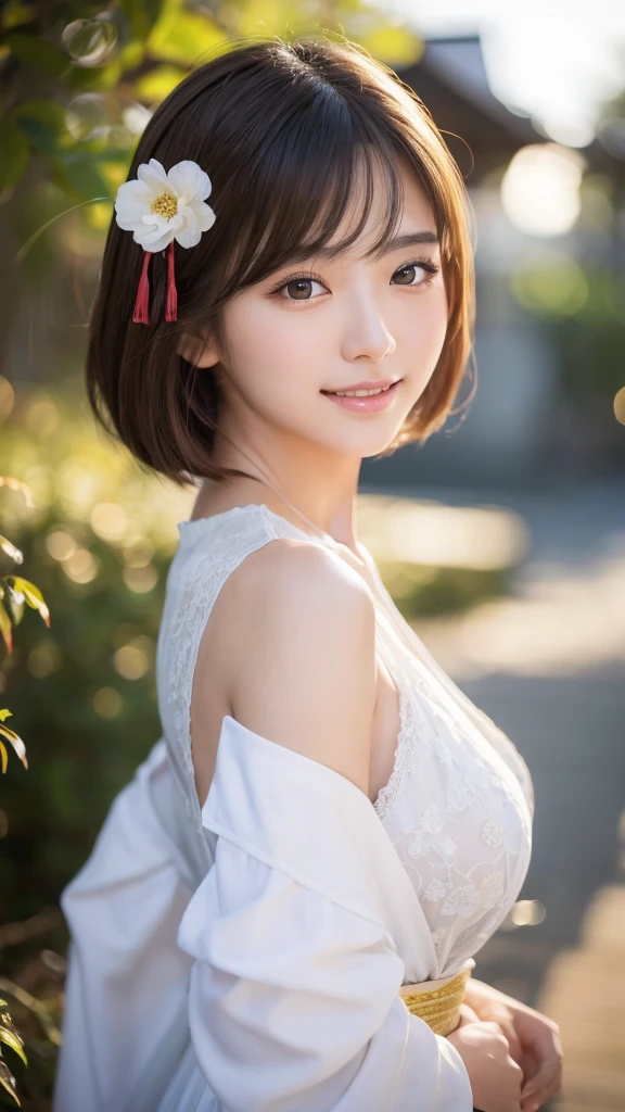  A Japanese lolita girl with white skin, short layered dark brown hair with bangs, brown eyes, and a soft aura. Dressed in a pastel pink and white lolita dress with a flowing kimono-inspired design, traditional Japanese patterns, and a gentle smile. She has a cherry blossom hair ornament, delicate earrings, and a ring. (Highest quality, Ultra-high resolution, 8k, RAW Photos, Ultra-high resolution: 1.2, masterpiece: 1.3), (Realistic, Realistic: 1.37), Very detailed, Professional Lighting, Photon Mapping, Radio City, Physically Based Rendering, One Girl, high school girl, Sharp focus:1.2、Beautiful woman:1.4, cute, Nice, Adorable smile, Normal chest, (Cleavage), (Dark brown short hair), (A cute toothy smile)