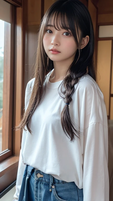 1girl, (white shirt), white shirt, solo, solo, alone, back to the audience, indoors, bedroom, sitting on the ground, vintage consoles, game consoles, Nintendo consoles, gamepads in hand, blonde, braids,