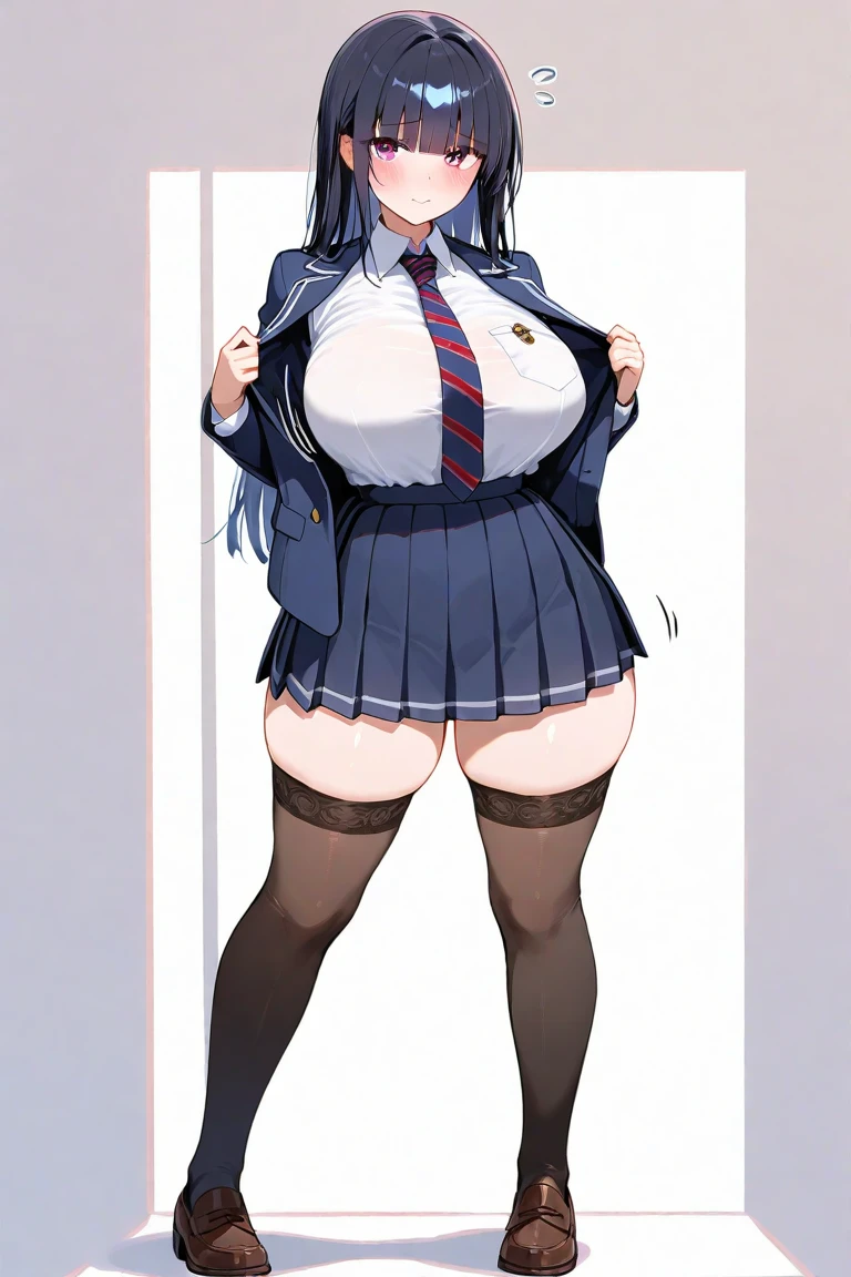 masterpiece, best quality, ultra-detailed, illustration, colorful, flat color, depth of field, 1girl, sona, anime, standing, light blue hair, twintails, blue eyes, looking at viewer, simple background, hands behind back, white shirt, blue necktie, black pencil skirt, black pantyhose, teacher, detailed skin texture, detailed cloth texture, beautiful detailed face, huge breasts, blush, seductive smile, makeup, shortstackBT, shortstack