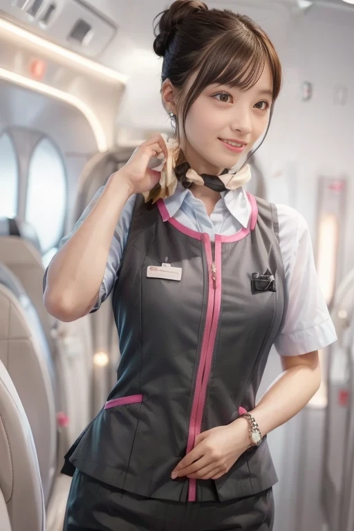 (masterpiece:1.2, highest quality:1.2), 32K HDR, High resolution, (alone、1 girl)、（On board the Shinkansen、Professional Lighting）、Background in the car、（Realistic style wearing JR GranClass attendant uniform）、Blouse with short sleeves、Scarf around the neck、（JR GranClass attendant uniform with pink parts on the sleeves of the skirt）、（JR GranClass attendant uniform with pink stripe on the front of the vest）、Dark brown hair、（Hair tied up、Bun Hair、Chignon）、Dark brown hair、Long Shot、Big Breasts、（（Fine hand：2.0）），（（Harmonious body proportions：1.5）），（（Normal limbs：2.0）），（（Normal finger：2.0）），（（Delicate eyes：2.0）），（（Normal eyes：2.0））)、Luxury Necklace、smile、Beautiful standing posture,Place your hands around your stomach