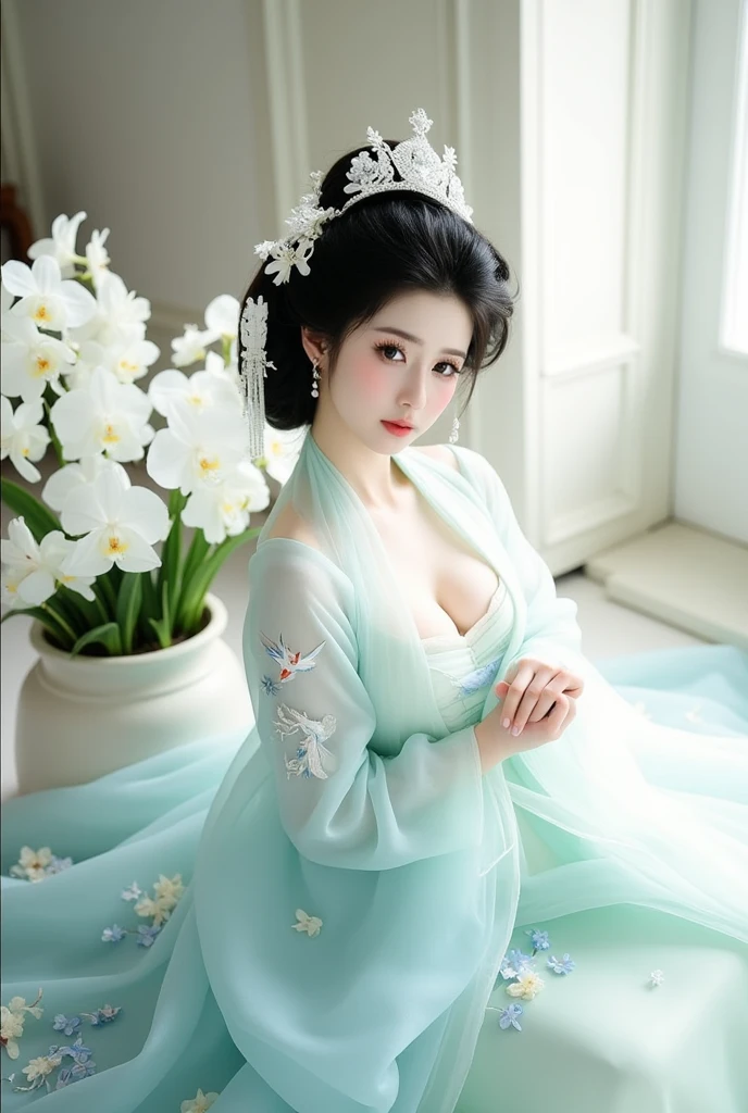 fashion photography portrait of woman avatar, 1girl in blue lush Alien Rainforest with flowers and birds, fantasy, octane render, hdr, Dolby Vision, (intricate details, hyperdetailed:1.2), (natural skin texture, hyperrealism, soft light:1.2), fluffy short hair, , sharp focus, night, necklace, Chinese mythology, cleavage, medium breasts, sci-fi headband, looking at viewer, best quality, perfect body,