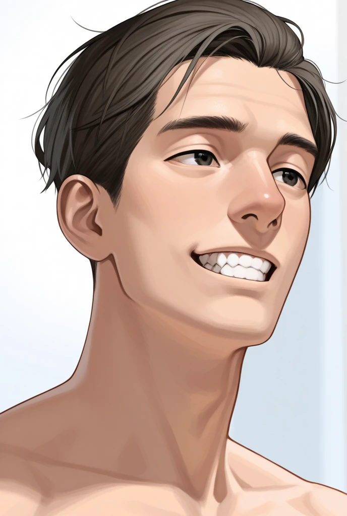 best quality, masterpiece, extremely detailed, close up of muscular man, long and extremely high middle parting, gray hair, nude, licks cum off his fingers, cum strings, saliva, drooling, intensely horny expression, no background, perfection, no watermark, no logo, no signature