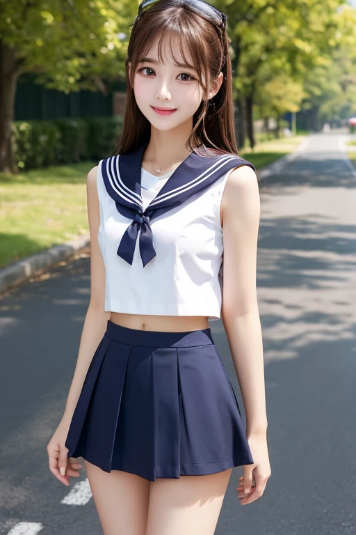 (best quality, 8k, 32k, masterpiece, UHD:1.2), (RAW photo), (realistic), (photorealistic:1.2), (high resolution), huge filesize, ultra-detailed, extremely beautiful face & eyes, perfect double eyelid, 1girl, japanese elementary school student,14yo, 13yo, 12yo, round small face, baby face, thin waist, beautiful belly skin, large breasts, slim proportions, perfect thin thighs, small butt, (darkblue pleated mini skirt, japanese sailor, sailor fuku, serafuku, japanese school sailor suit, sailor red neckerchief), nice hands, perfect hands, accurate hand depiction, sweaty, shy smile, pure white teeth, from below, (blue sky, summer, sun, beach, palm tree, outdoors), portrait photography,