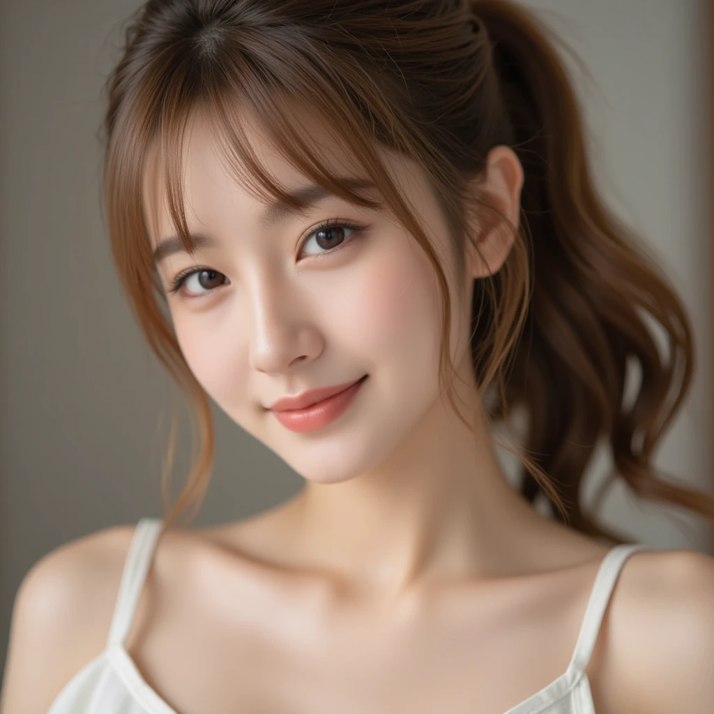 ((The highest image quality, 8K, masutepiece:1.3)), Soft light, 1girl in, beautiful a girl、, Cute:1.3, Brown hair, (casual hairstyle, :1.2), Ultra-fine face, Detailed eyes, A slight smil, Take pictures in cute poses,tiny small waist,Super big breasts,close-up,Close-up chest,White-skinned,background at room