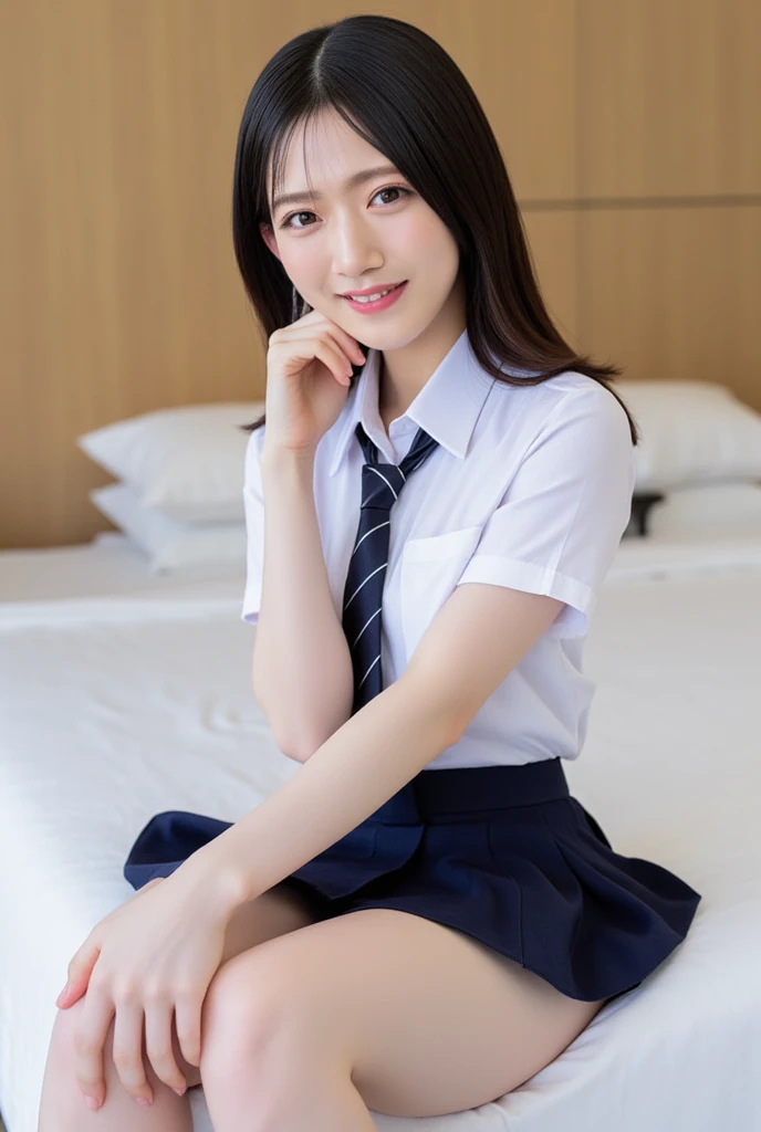 (8K), (highest quality: 1.2), (realistic), (realistic: 1.37), ultra high resolution, 1 girl, cute, smile, closed mouth, beautiful details, beautiful nose, wet hair, giant dulcefo, pork, thighs,Self snap,college uniform,simple blazer,pleated skirt,Are standing,opaque tights,(8K), (highest quality: 1.2), (realistic), (realistic: 1.37), ultra high resolution, 1 girl, cute, smile, closed mouth, beautiful details, beautiful nose, wet hair, giant dulcefo, pork, thighs,Self snap,college uniform,simple blazer,pleated skirt,opaque tights,bed,spread your legs ,skirt lift, From above
