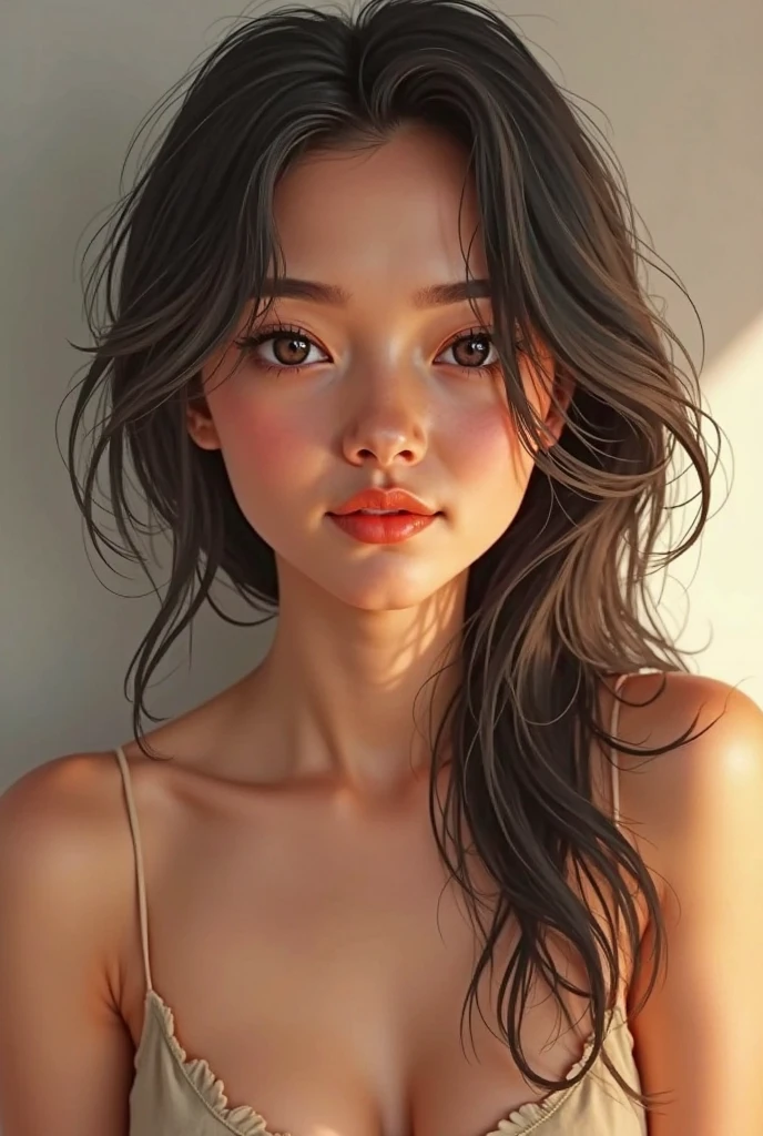 Lovely, lonely housewife, who longs for love. Her longing gaze and playful charm embody a world of unspoken desires.length hair, open mouth, Brown hair, blue eyes, tongue out,